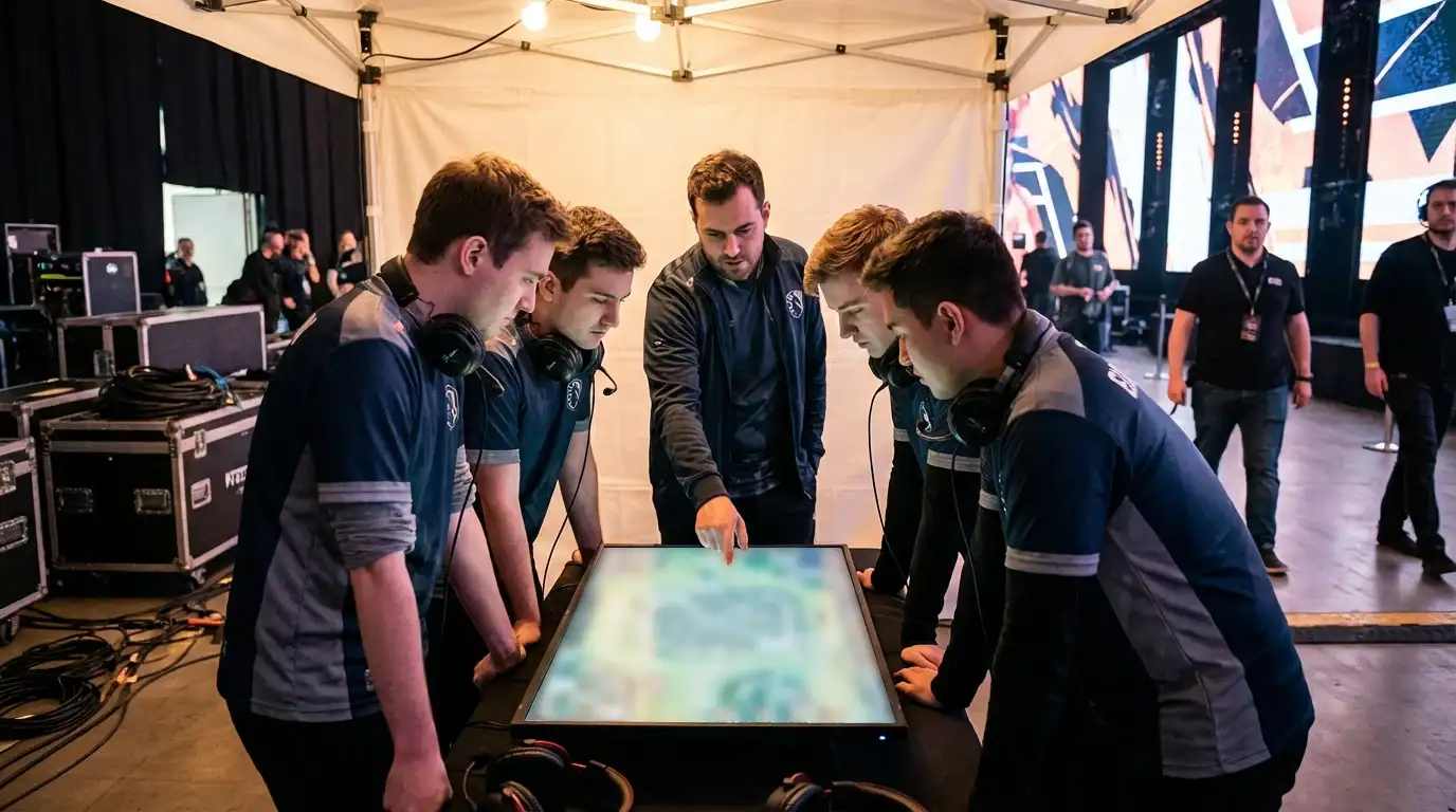 Professionelles CS2 Esport-Team bei einer Strategiebesprechung mit Taktik-Bildschirm