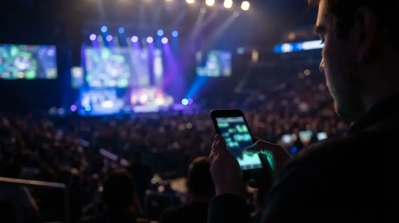 Smartphone zeigt Live-Wettquoten während eines CS2 Esport-Events im Stadion