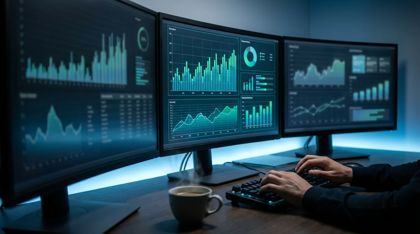 Mehrere Monitore zeigen CS2 Wettquoten und Statistiken in einem dunklen Analyseraum